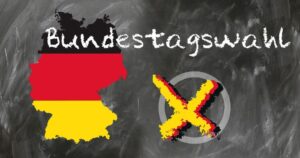 Zu dem Text "Bundestagswahl" zeigt das Bild die Umrisse der Bundesrepublik, farblich eingeteilt in schwarz-rot-gold, daneben ein Kreis mit einem Wahlkreuz
